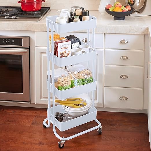 ECR4Kids 4-Tier Metal Rolling Utility Cart, Multipurpose Storage, White
