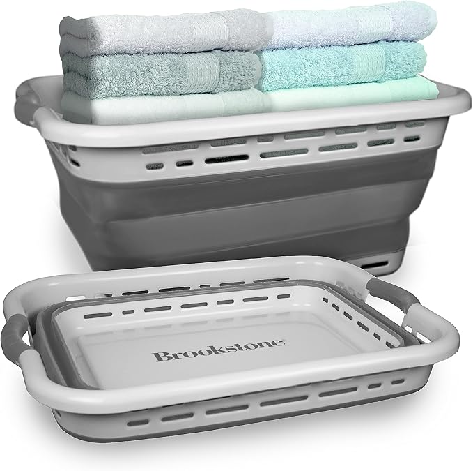 BROOKSTONE 11 GALLON XL 24" Collapsible Laundry Basket, Comfort Non-Slip Grip Handles, Modern Minimalist Space Saving Design, Portable Pop-Up Hamper, BPA FREE, Light Grey, 1 Basket