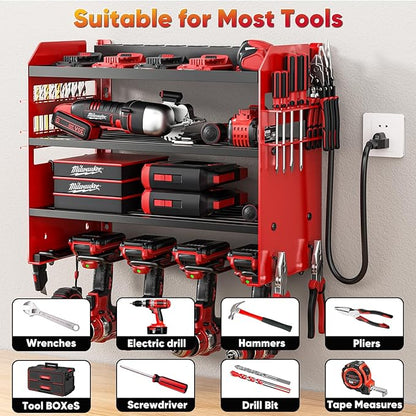 Power Tool Organizer Wall Mount with Charging Station,Tool Storage Rack with 8 Outlet Power Strip,Heavy Duty Metal Battery Utility Rack with 4 Cordless Drill Holder 6.56 Ft Cord for Garage