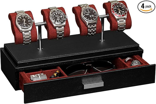 ROTHWELL Luxury Watch Display Case for 4 Watches – Leather Watch Box with Acrylic Cover and Removable Slide in Cushions – Accessory Drawer with Multiple Configurations (Black/Red)