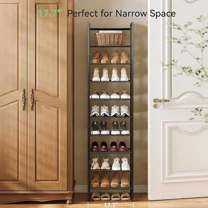 Narrow Shoe Rack, 10-Tier Metal Shoe Organizer,Tall Shoe Shelf with Anti-Tip Strap, Max Holds 20 Pairs,Space Saving for Closet,Entryway,Black