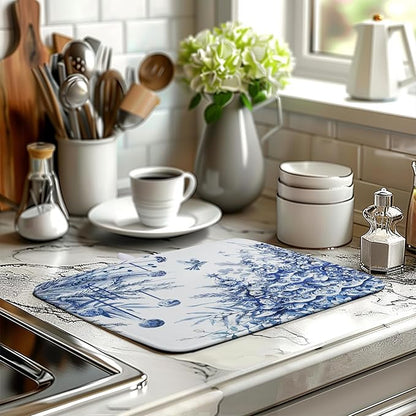 Wnoesat Christmas Tree Dish Drying Mat for Kitchen Counter 16x18 Inch Blue White Chinoiserie Winter Xmas Holiday Drying Mats Microfiber Absorbent Dish Draining Reusable Dish Drainer Pad