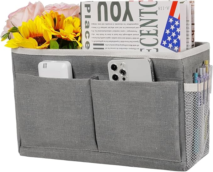 Frjjthchy Bedside Caddy Hanging Storage with Water Bottle Holder for Bunk Bed, Hospital Bed, Dorm Rooms (Grey)