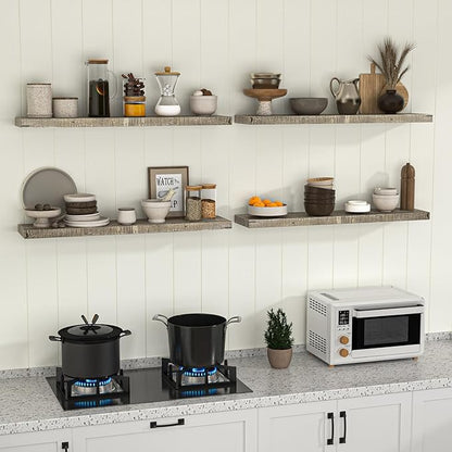 Fun Memories Floating Shelves for Wall Decor, 48"x8" Rustic Reclaimed Wood Shelves, Heavy-Duty Wall Mounted Shelves with Invisible Brackets for Living Room, Bedroom, Kitchen, Grey Finish, Set of 2