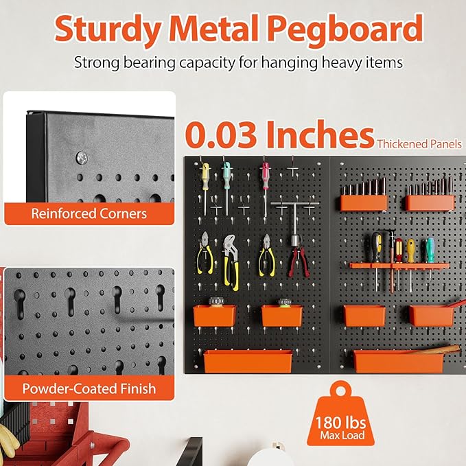 Tool Pegboard Organizer, 4 FT Metal Pegboard Wall with Hooks, Storage Bins & Tool Holders, Peg Board Kit Garage Storage System for Workbench Shed, Craft Room & Workshop (Black+Orange)