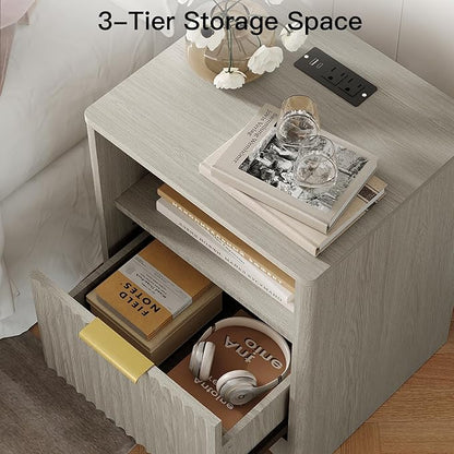 Pipishell Nightstand with Charging Station, Fluted Bedside Table with Storage & Drawers, Modern End Tables with USB & AC Outlets, Small Wood Night Stand for Bedroom, Light Gray