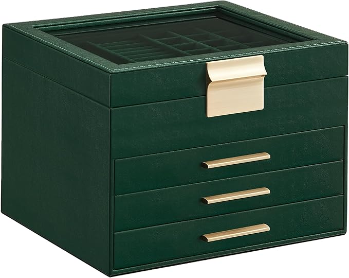 SONGMICS Jewelry Box Organizer with Glass Lid, 4-Layer Jewelry Storage, with 3 Drawers, Modern Style, 8 x 9.1 x 6.5 Inches, Forest Green and Gold Color UJBC173C01