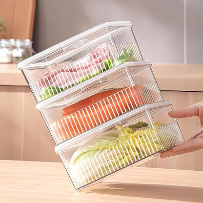 Huaqinglian Fridge Food Fruit Storage Container Bin with lid, Refrigerator food vegetable Organizer Fresh Keeper Container with timer lid Fruit Vegetables storage bin For fridge (0.9L+1.8L+3.4L)