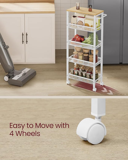 VASAGLE Slim Rolling Cart, 5-Tier Storage Cart, Narrow Cart with Handle, 8.7 Inches Deep, Metal Frame, for Kitchen, Dining Room, Living Room, Home Office, Oak Beige and Classic White ULRC035W09