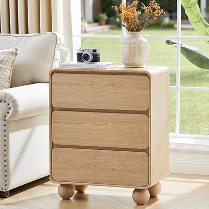 AVZEAR Wooden Night Stand wth 3 Drawer Dresser Mid Century Modern End Table Chest of Drawers, Solid Wood Legs & Curved Profile Design, Farmhouse Side Table for Living Room, Natural