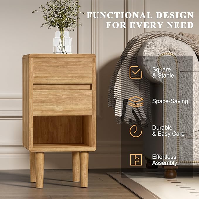 Nightstand 2 Drawers with Open Shelf Narrow Night Stand Solid Wood Bedside Table Mid Century Modern Nightstand Wooden End Table for Bedroom, Living Room, Study, Office