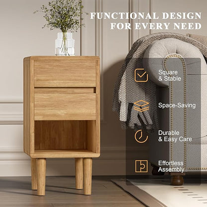 Nightstand 2 Drawers with Open Shelf Narrow Night Stand Solid Wood Bedside Table Mid Century Modern Nightstand Wooden End Table for Bedroom, Living Room, Study, Office
