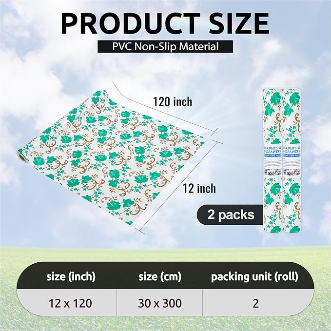 12X120 Inch Shelf Liner for Kitchen Cabinets, PVC Drawer Liner for Dresser Non-Slip Bathroom, Non-Adhesive Cabinet Liner Washable (Green Floral)(2 Roll)