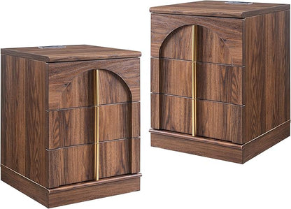 ACCOHOHO Modern Night Stand Set 2 with Arched Panel, 18" Nightstand with Charging Station, Side Table with 3 Storage Drawers, Wood Square Bedside End Table for Bedroom Living Room, Brown