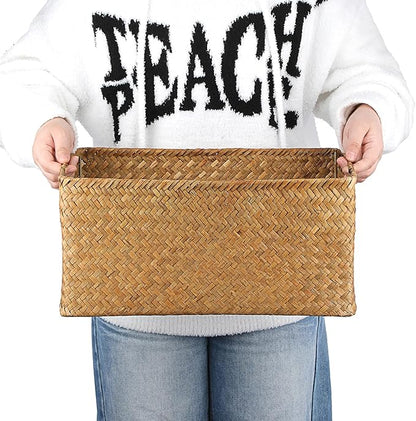 Hipiwe Seagrass Storage Baskets Bin for Shelf,X-Large Handwoven Wicker Baskets Built-in Handles Rectangular Closet Bedroom Organizer Box Multipurpose Pantry Basket,Caramel Color