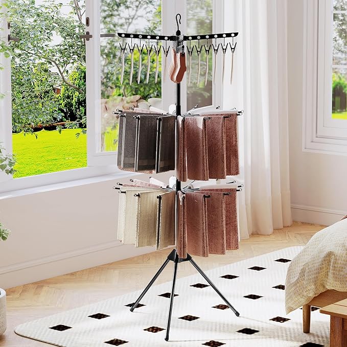 Tangkula 3-Tier Portable and Foldable Drying Rack, 70"H Freestanding Towel Rack with 32 Rods, 24 Clips, Detachable Top Hanger, 360° Rotatable Tripod Laundry Stand for Indoor, Poolside, RV Trip (Black)