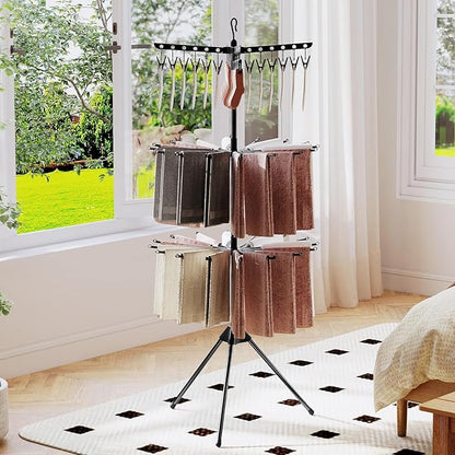 Tangkula 3-Tier Portable and Foldable Drying Rack, 70"H Freestanding Towel Rack with 32 Rods, 24 Clips, Detachable Top Hanger, 360° Rotatable Tripod Laundry Stand for Indoor, Poolside, RV Trip (Black)