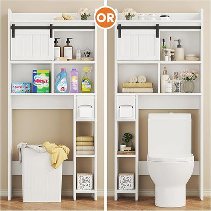 Semoic Over The Toilet Storage Cabinet, Over The Toilet Shelf with Sliding Door & Toilet Paper Holder Stand, Bathroom Above Toilet Storage, Home Space-Saving Toilet Rack for Bathroom, Restroom,White