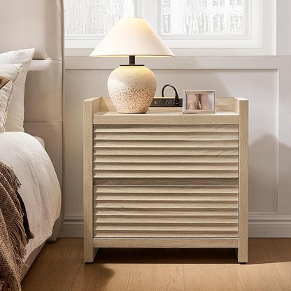 SICOTAS Nightstands Set of 2-Fluted Nightstand with Charging Station- 25" Tall Mid Century Modern Night Stands with 2 Drawers, Large Bedside Table with Charger Station for Bedroom, Sofa Side