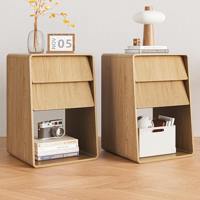 Small Nightstand Set of 2, Boho Bedside Table, Wooden Night Stand with Storage, Mid Century Modern Bed Side Table, Wood End Table with Slanted 2 Drawers, Bedroom, Natural, Oak