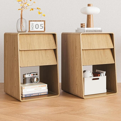 Small Nightstand Set of 2, Boho Bedside Table, Wooden Night Stand with Storage, Mid Century Modern Bed Side Table, Wood End Table with Slanted 2 Drawers, Bedroom, Natural, Oak