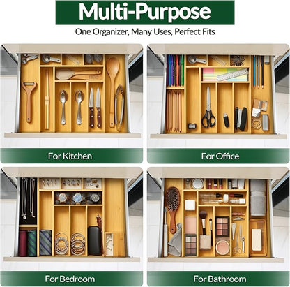 DAVIDOK Expandable Bamboo Drawer Organizer for Kitchen - 8 to 10 Slots Large Silverware Organizer for Utensils, Cutlery, Flatware & Kitchen Gadgets | Multiple Use, Non-Slip Feet Included