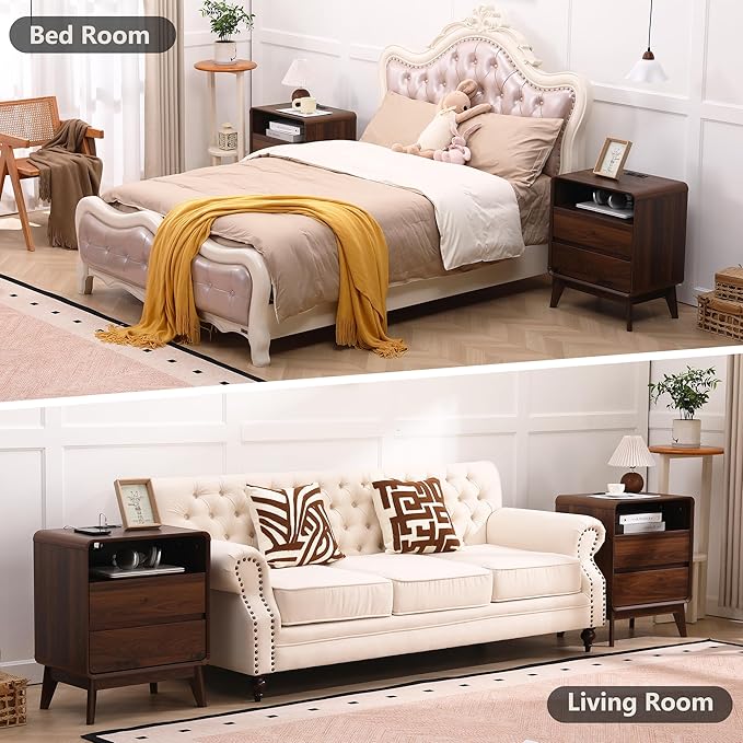 GlowVitaHome Nightstands Set of 2, Wood Bedside Tables with 2 Drawers and Open Storage, Accent End Tables with Solid Wood Legs for Bedroom,Walnut