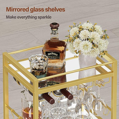 TUTOTAK Bar Cart, Home Bar Serving Cart with 3-Tier Mirrored Shelf, Drink Cart, Mobile Kitchen Shelf with Wine Rack, Gold BC01BB033