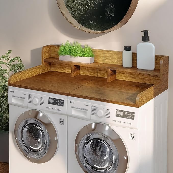 Washer Dryer Countertop, Laundry Wood Shelf Topper with Edge, 2-Tier Laundry Countertop, for Washer and Dryer Laundry Hamper Counter Storage Organization (Walnut)