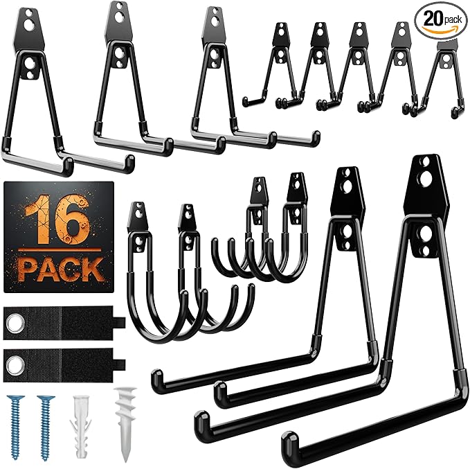 Pack 16 Garage Hooks Heavy Duty | Multi-Sized Wall-Mounted Tool Hangers with Anti-Rust PVC Coating | Heavy Duty Wall Hooks for Bikes, Ladders, Garden Tools, and More