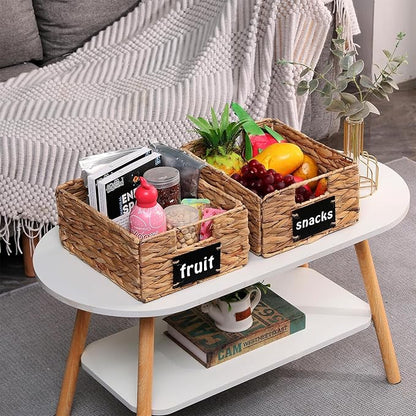 Set of 2 Water Hyacinth Storage Baskets 11x9x4.9inch Collapsible Wicker basket with Chalkboard Labels and Chalk Marker Rectangular Woven Storage Bin Organizers for Kitchen Shelves