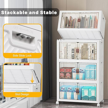 Extra Large Stackable Storage Bins, Lockable Storage Bins with Lids, Folding Storage box with Doors and Wheels, Collapsible Plastic Drawers for Home, Garage, Office (4, White, Medium)