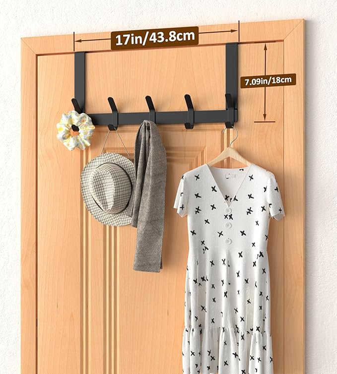 CHAUNCEY HOME Over The Door Hooks Hanger with 7" Extended Arms for Hanging, J7U, Perfectly Fits US Standard 1 3/8-inch Doors, Towel Rack Organizer Holder, Matte Black
