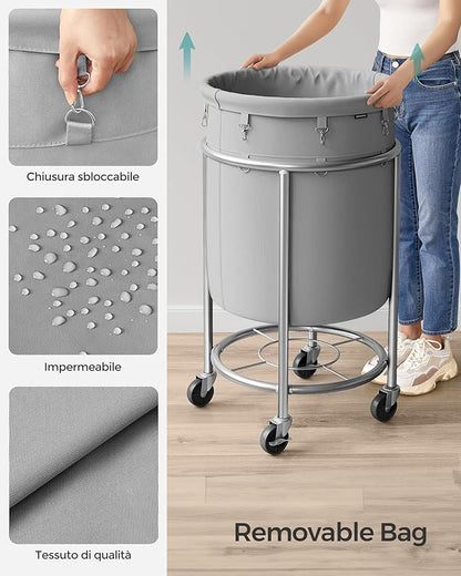 SONGMICS 29-Gallon (110 L) Laundry Basket with Wheels, Rolling Round Heavy-Duty Laundry Hamper Cart with Steel Frame and Removable Bag, 2 Locking Wheels, Gray and Metallic Silver URLS002G01
