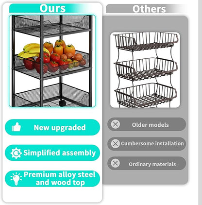 HapiRm Fruit Basket Kitchen Cart - 4-Tier Rolling Storage Cart with Wheels, Fruit Vegetable Basket with Wood Top, Pantry Utility Kitchen Organizer for Fruit Potato Onion Vegetable Bread Snack