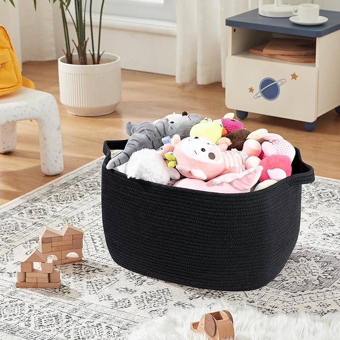 Large Blanket Basket, Black Blanket Storage Living Room, Rectangle Woven Baskets for Storage Toys, Towels, Dirty Clothes Organizer Bins (Black)