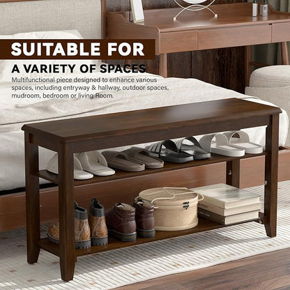 Shoe Bench Storage Rubberwood, Entryway Bench with 3-Tiers Height Adjustable, Shoe Rack Front Door Entrance Organizer for Hallway Living Room, Mudrooms, Walnut,39.4"