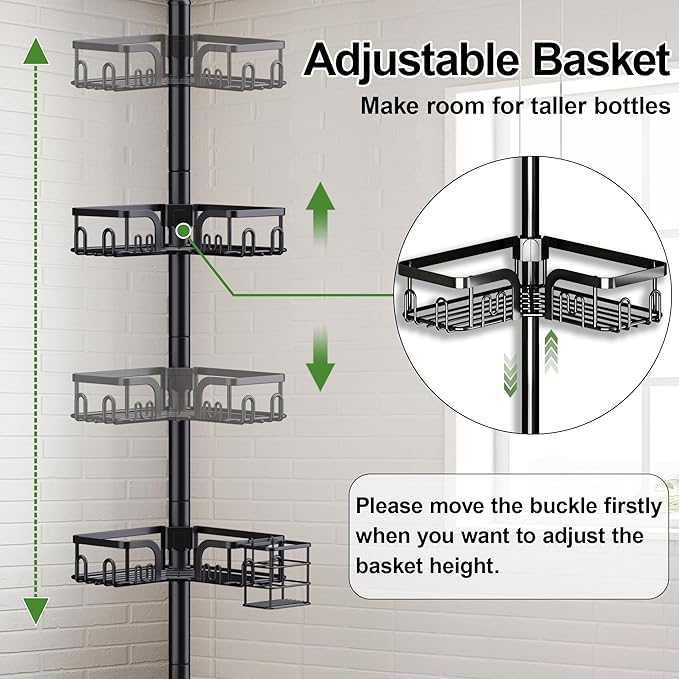 Clothink Corner Shower Caddy Tension Pole 4 Tier Adjustable Stainless Steel Shower Shelf for Inside Shower Bathtub Shampoo,Standing Bathroom Organizer Shelves with 39 to 113 inch Height