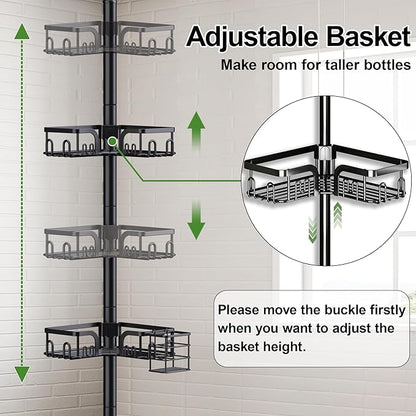 Clothink Corner Shower Caddy Tension Pole 4 Tier Adjustable Stainless Steel Shower Shelf for Inside Shower Bathtub Shampoo,Standing Bathroom Organizer Shelves with 39 to 113 inch Height