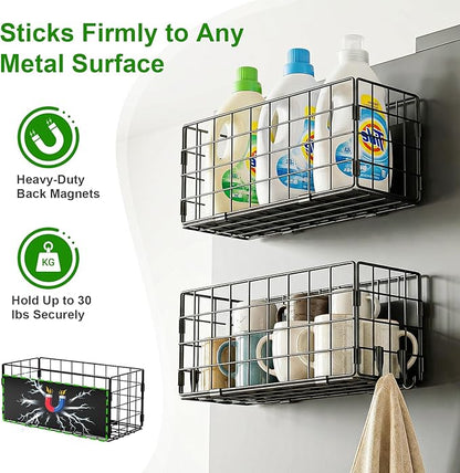 Enkrio 2 Pack Magnetic Basket for Laundry Room & Fridge Side, Large Metal Fruit Potato Onion Storage Bin with Strong Magnets & Hooks, Magnetic Organizer Shelf for Refrigerator