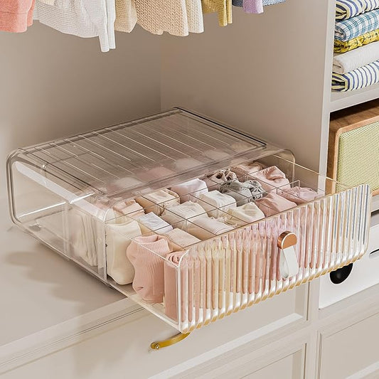 Sock Underwear Drawer Organizer - 24 Compartment Clear Acrylic Storage Bins with Removable Dividers for Closet, Stackable Dresser Drawer Box for No-Mess Socks, Tiers, Baby Clothes, Belt, Tea Bag