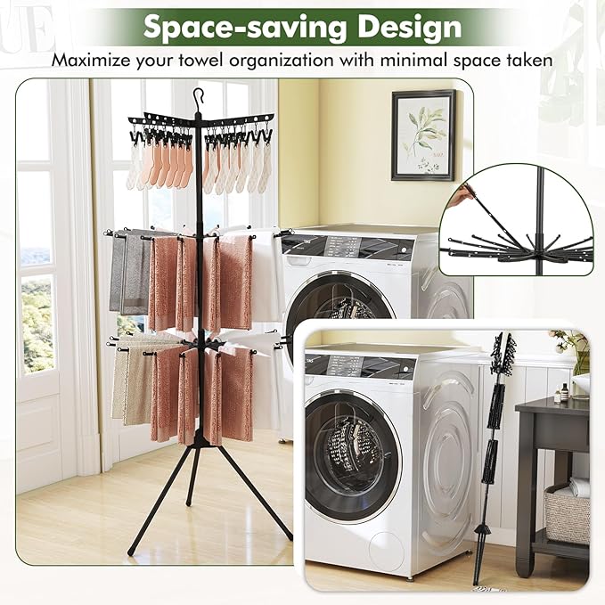 Tangkula 3-Tier Portable and Foldable Drying Rack, 70"H Freestanding Towel Rack with 32 Rods, 24 Clips, Detachable Top Hanger, 360° Rotatable Tripod Laundry Stand for Indoor, Poolside, RV Trip (Black)