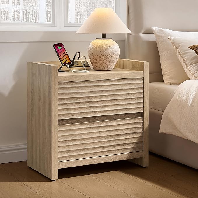 SICOTAS Nightstands Set of 2-Fluted Nightstand with Charging Station- 25" Tall Mid Century Modern Night Stands with 2 Drawers, Large Bedside Table with Charger Station for Bedroom, Sofa Side