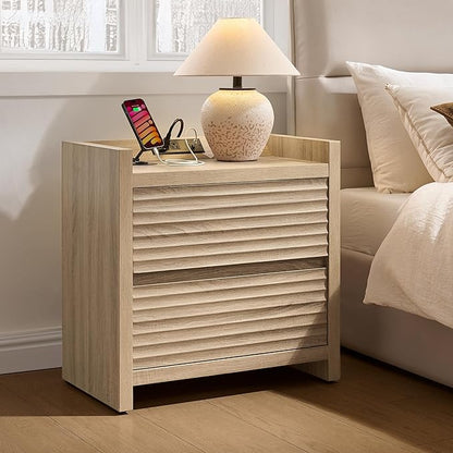 SICOTAS Nightstands Set of 2-Fluted Nightstand with Charging Station- 25" Tall Mid Century Modern Night Stands with 2 Drawers, Large Bedside Table with Charger Station for Bedroom, Sofa Side