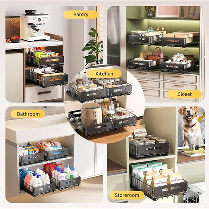 2 Pack Pull Out Cabinet Organizer, Slide Out drawers for cabinets, Heavy Duty Carbon Steel Roll Out Shelves for kitchen, bathroom, under sink, pantry (14.7’’-23.1’’ Slide, Adhesive & Screw)