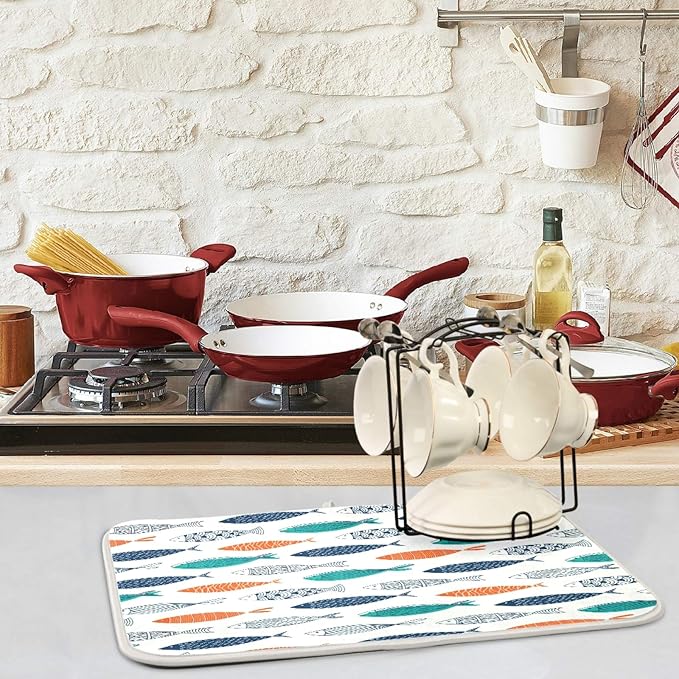 ZzWwR Stylish Colors Decorative Fishes Absorbent Dish Drying Mat,16 x 18 Inch Microfiber Kitchen Countertop Table Protector Multi-Purpose Counter Rack Sink Drainer Pad