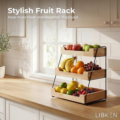 3-Tier Wooden Fruit Basket – Rubberwood Countertop Produce Storage with Metal Frame – Minimal Scandinavian Design Fruit Stand for Kitchen Counter, Space-Saving Tiered Basket Organizer