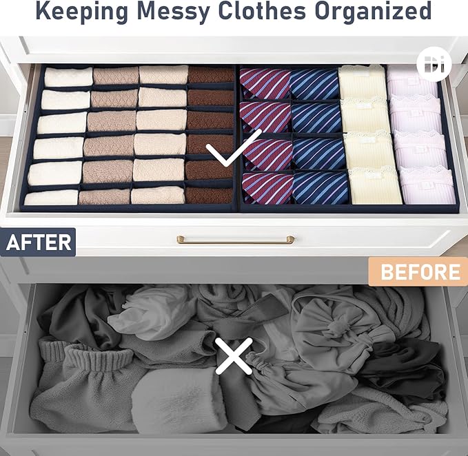 Joyoldelf Sock Drawer Organizer Divider 2 Packs Underwear Organizer, 24 Cell + 16 Cell Closet Organizers and Storage Sock Holders Organizers for Storing Socks, Handkerchiefs, Ties, Belts (Navy Blue)