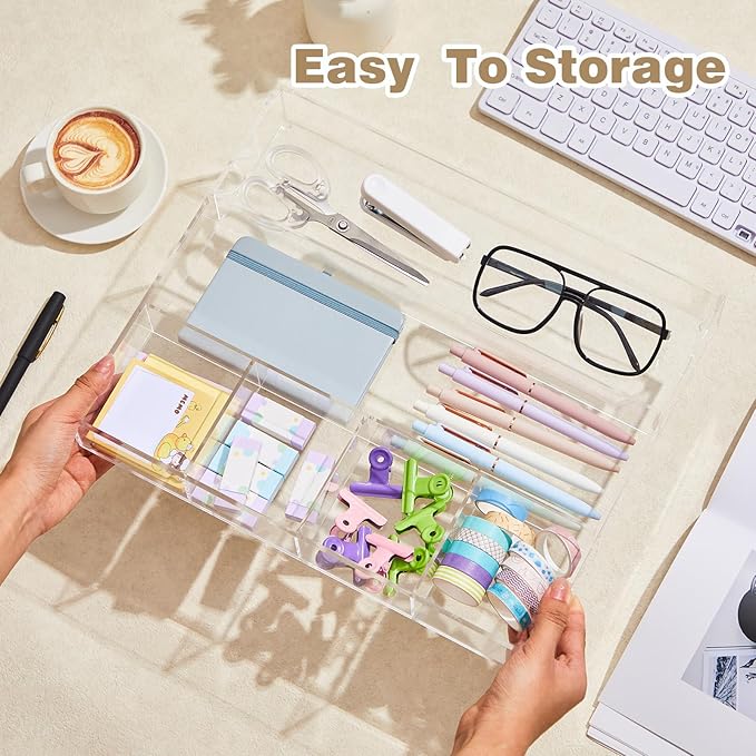Briwooody Large Acrylic Desk Deep Drawer Organizer with Adjustable Dividers, Anti-Skip Clear Desk Top Organizer Tray for Pens, Desktop, Office, Bathroom, Kitchen, Makeup Supplies(6 Compartments)
