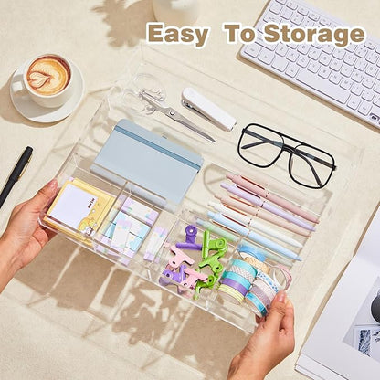 Briwooody Large Acrylic Desk Deep Drawer Organizer with Adjustable Dividers, Anti-Skip Clear Desk Top Organizer Tray for Pens, Desktop, Office, Bathroom, Kitchen, Makeup Supplies(6 Compartments)